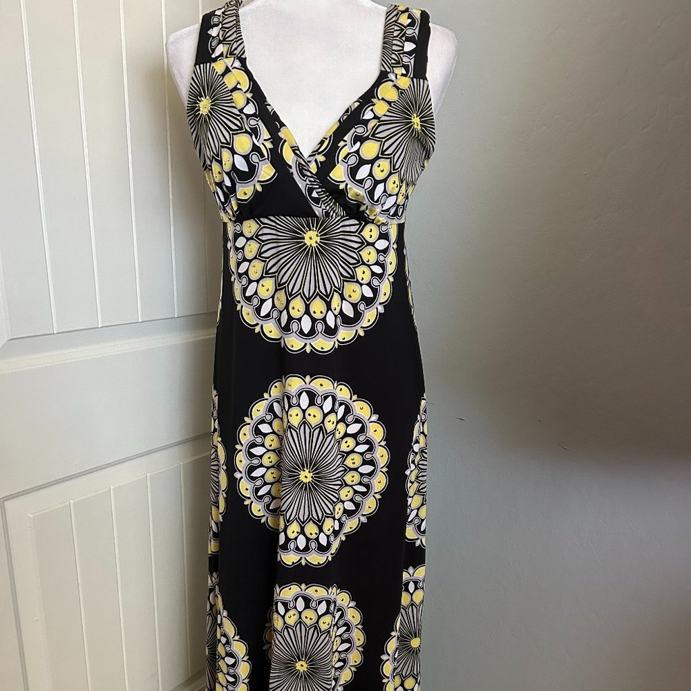 INC Black Yellow Gray White Empire Waist Maxi Dress Front Silver Studs S